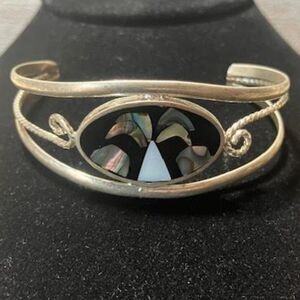 Vintage Alpaca Mexico Palm Tree Abalone Cuff Bracelet